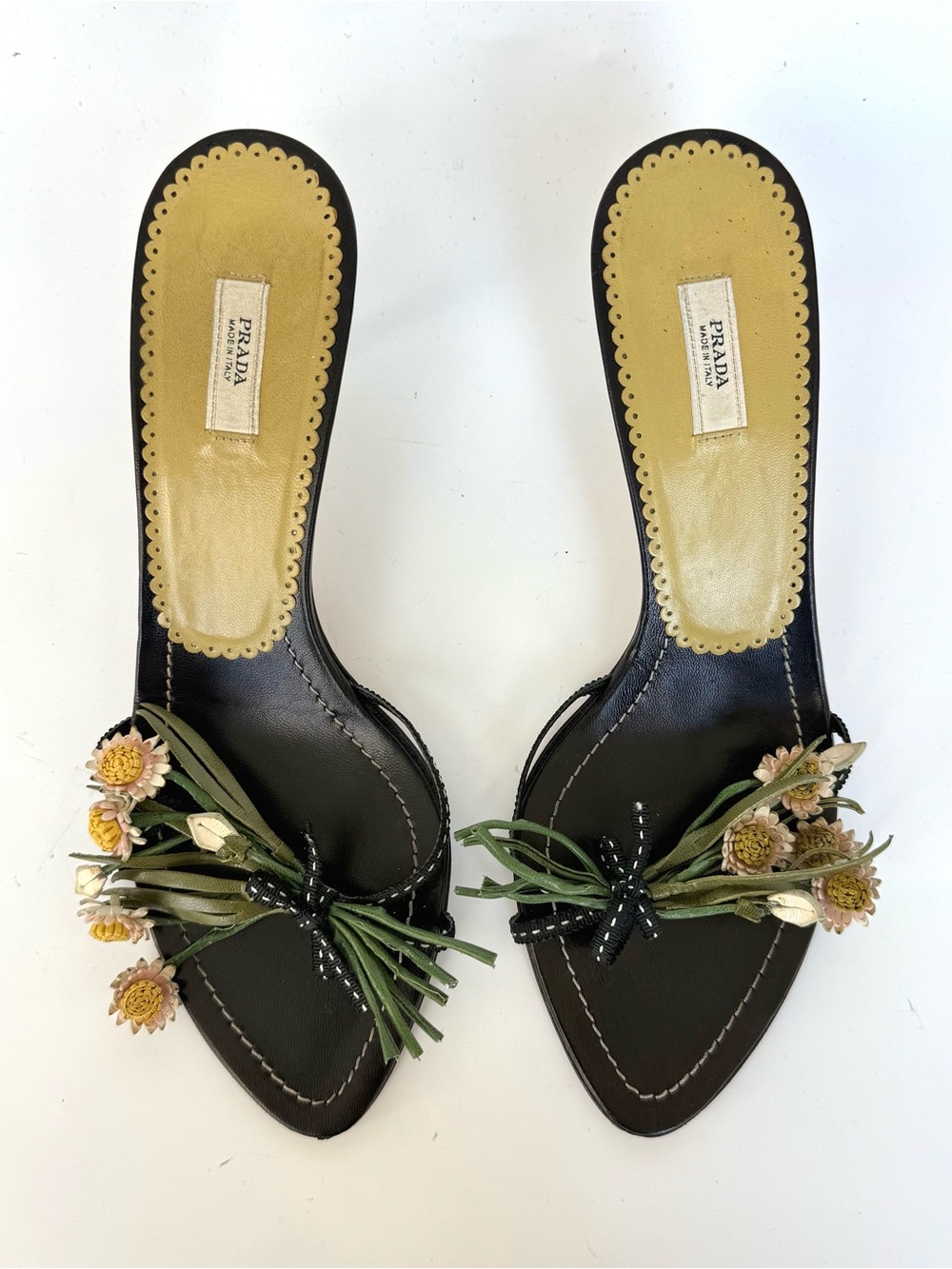 Vintage Prada Black kitten heel sandals with leather Flowers size 37.5